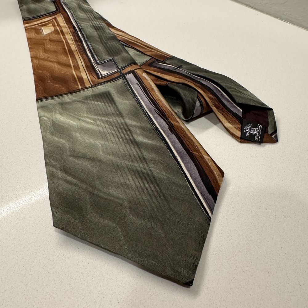 Vintage Arrow Tie Green Brown Geometric Abstract Necktie Old Money 100% Silk
